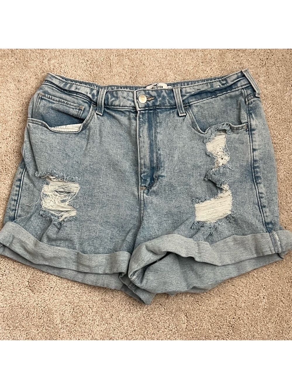 Hollister Light Wash Distressed Cuffed Denim Shorts
